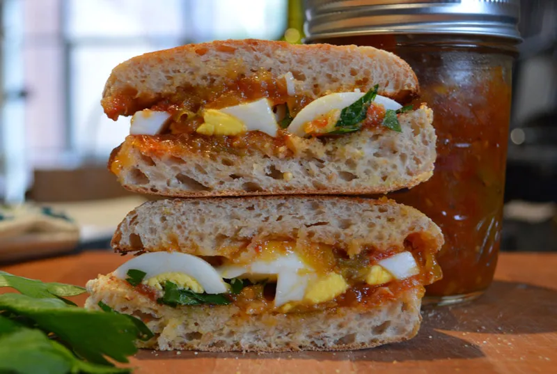 Egg sandwiches with tomato jam